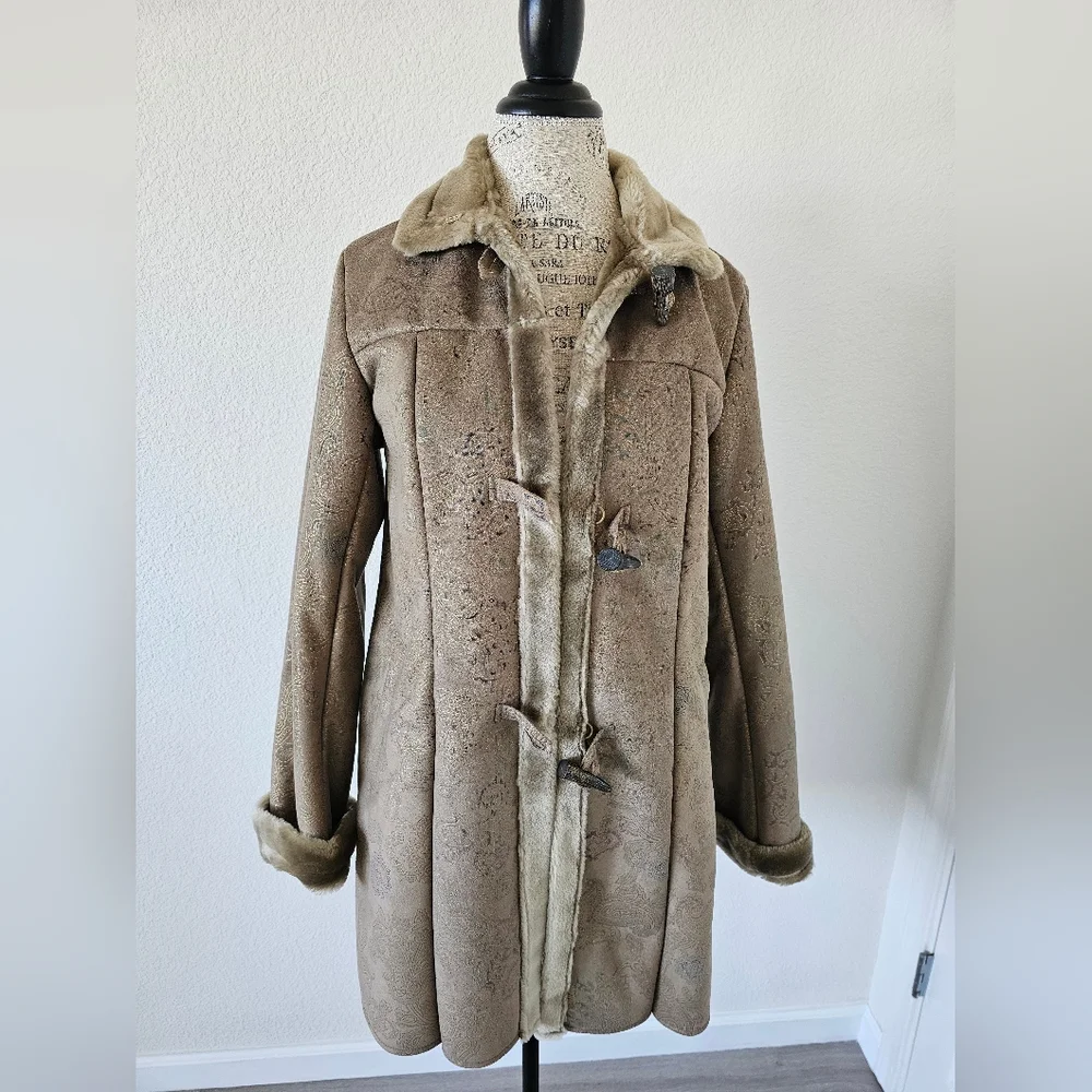 NWT Dennis Basso Boutique Faux Shearling Toggle Coat - Floral Embossed - Size S
